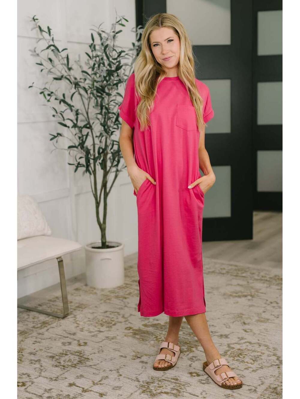 Fix You Right Up Short Sleeve Midi Dress in Hot Pink